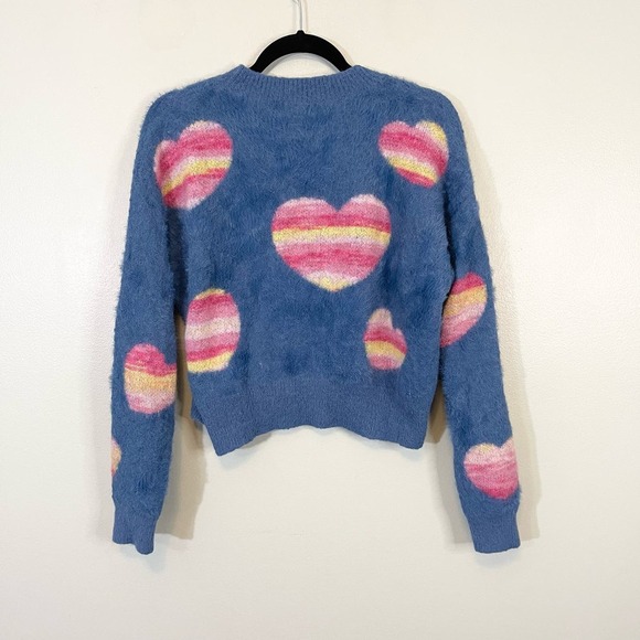 Listiele Women's Blue Pink Heart Love Crew Neck Pullover Cropped Sweater Medium - Picture 2 of 8